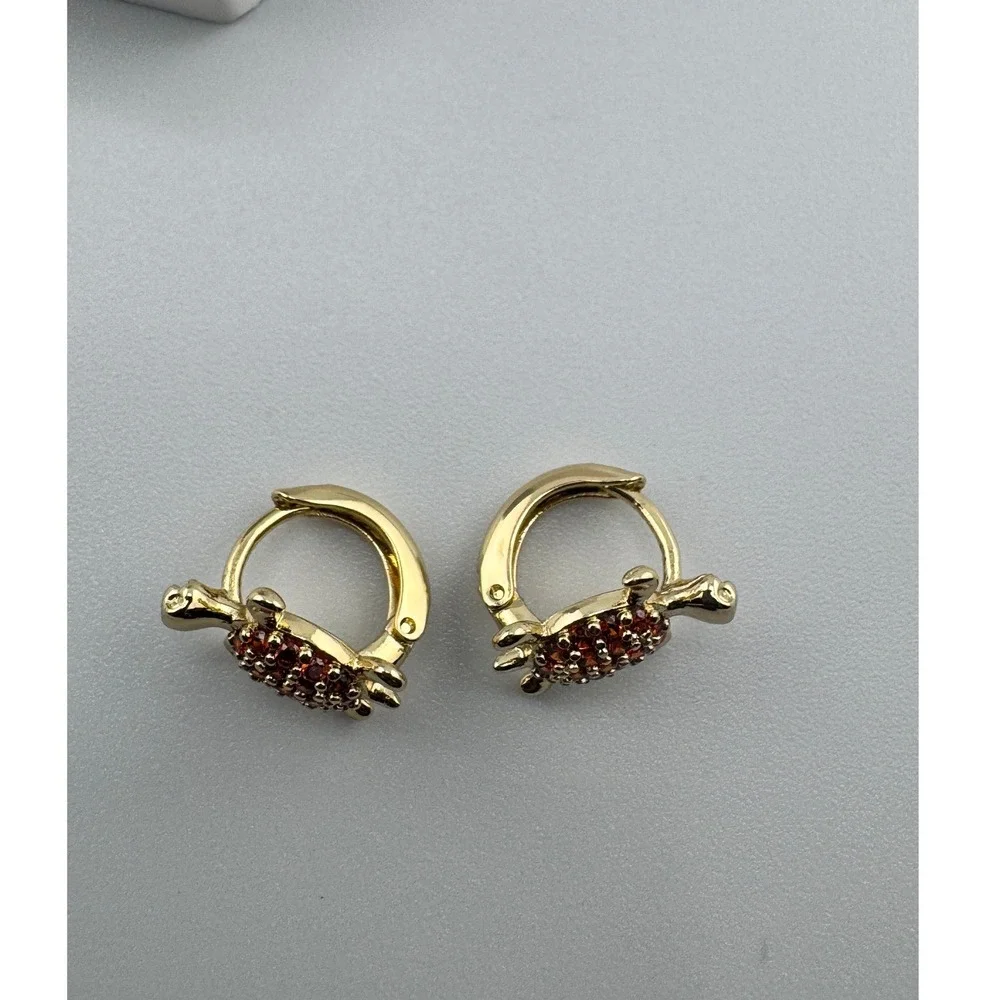 Mini 4k Gold Plated Turtle Huggie Hoop Earrings Red Orange Pavé‎ Crystal